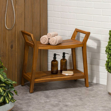 Orla 25.6" Modern Classic Slatted Solid Acacia Wood Indoor/Outdoor Shower Bench with Shelf and Handle